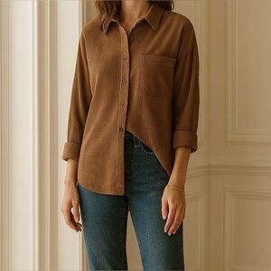 Brown Corduroy Button-Down Shirt Soft Vintage 90s Style Rustic Fall Look XS